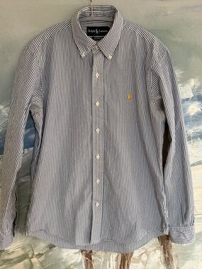 Ralph Lauren Navy and White Pinstripe Button-Down 100% Cotton Shirt